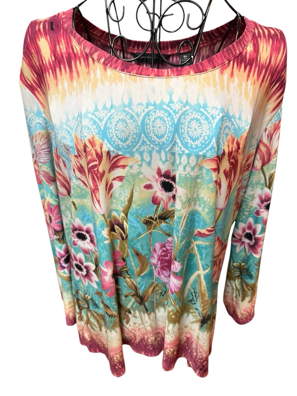 Floral Watercolor Long-Sleeve Scoop Neck Top - Teal & Pink XL - Picture 3 of 7